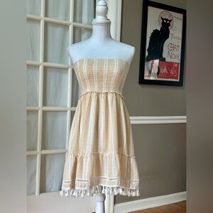 blue island Strapless Beige Tassel Summer Dress